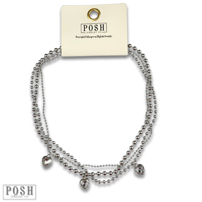 Three strand rhinestone heart charm necklace