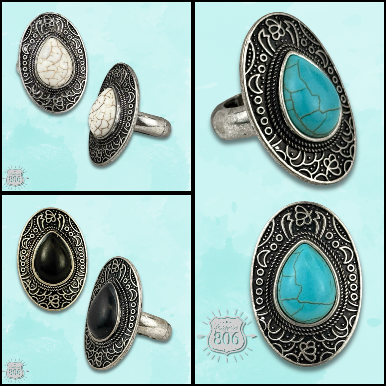 Etched oval stone ring