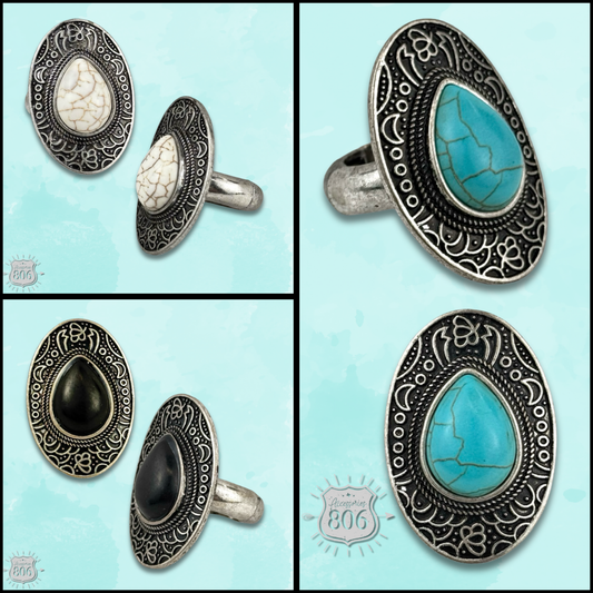 Etched oval stone ring