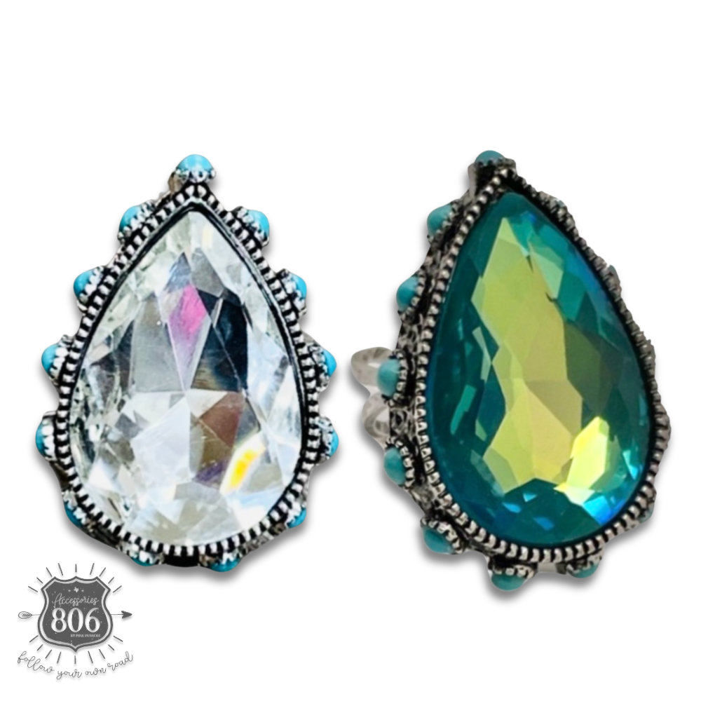 Rhinestone, bead studded teardrop ring