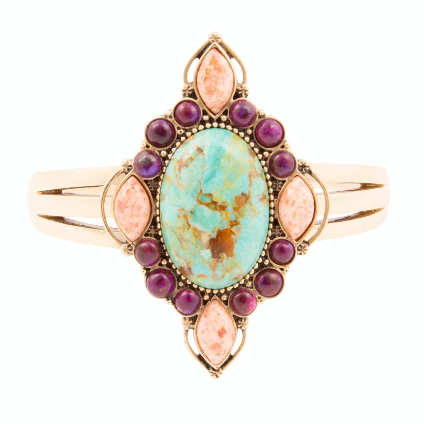 Regalia Blue Turquoise Purple and Orange Coral Golden Cuff Bracelet