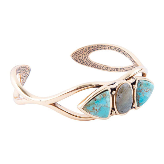 Gray Labradorite and Blue Turquoise Golden Cuff Bracelet