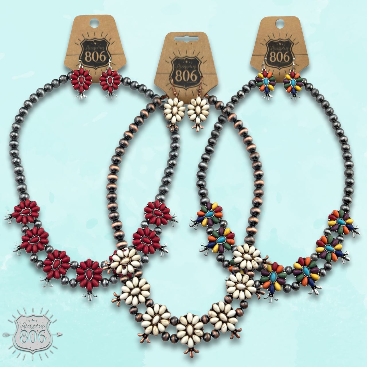 Stone flower squash blossom necklace set