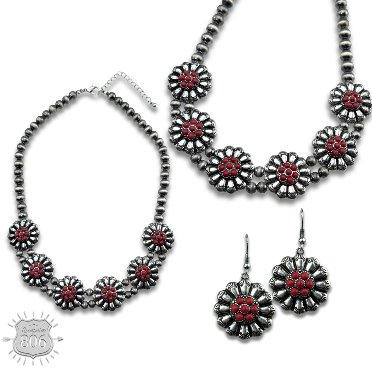 Burnished bead, stone flower necklace set