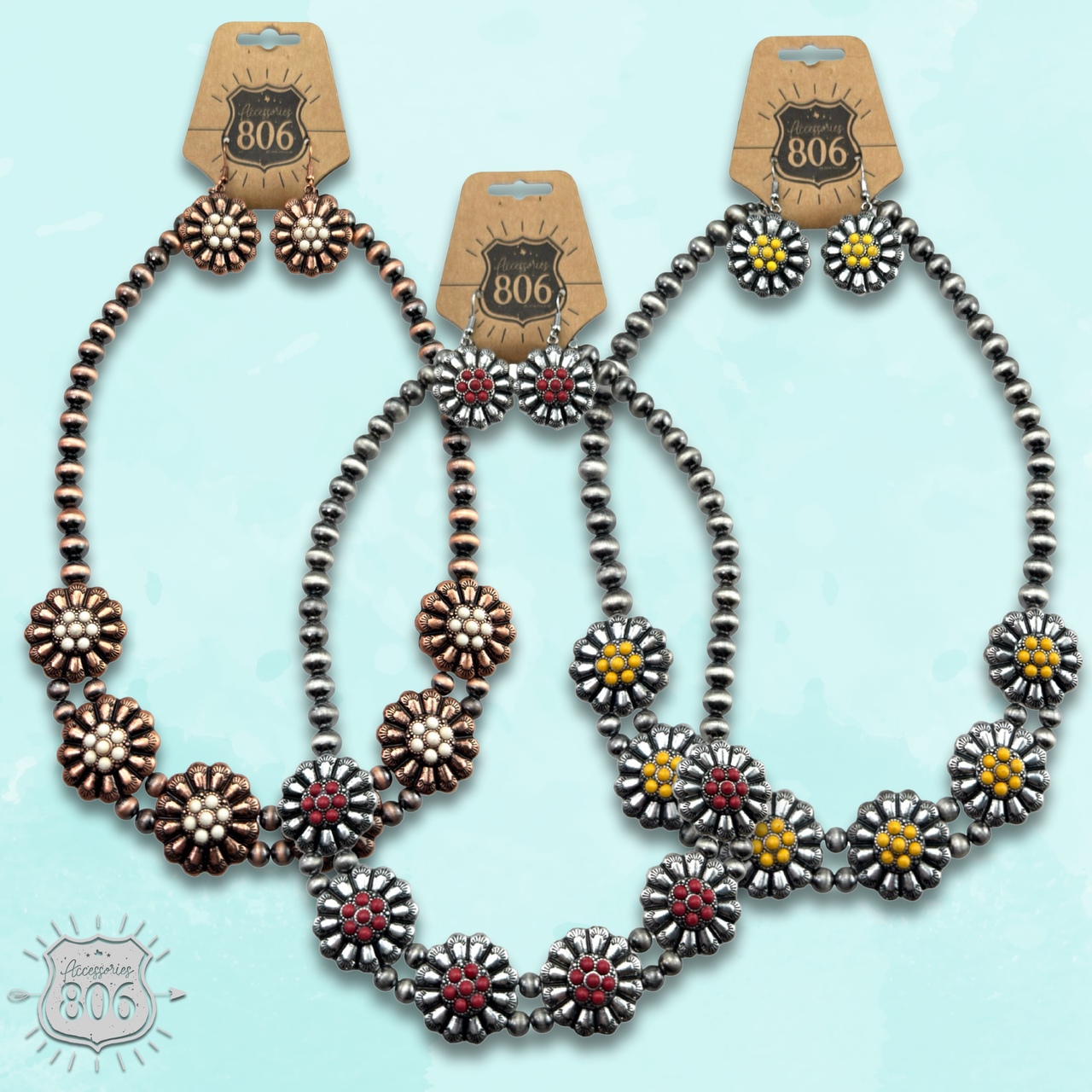 Burnished bead, stone flower necklace set