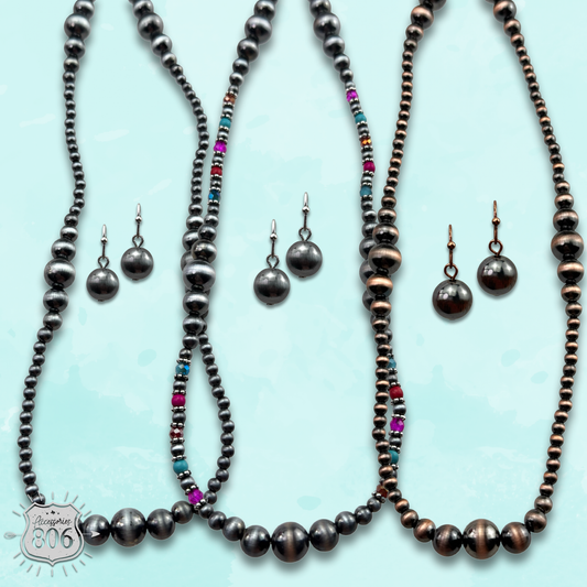 Burnished bead long necklace set