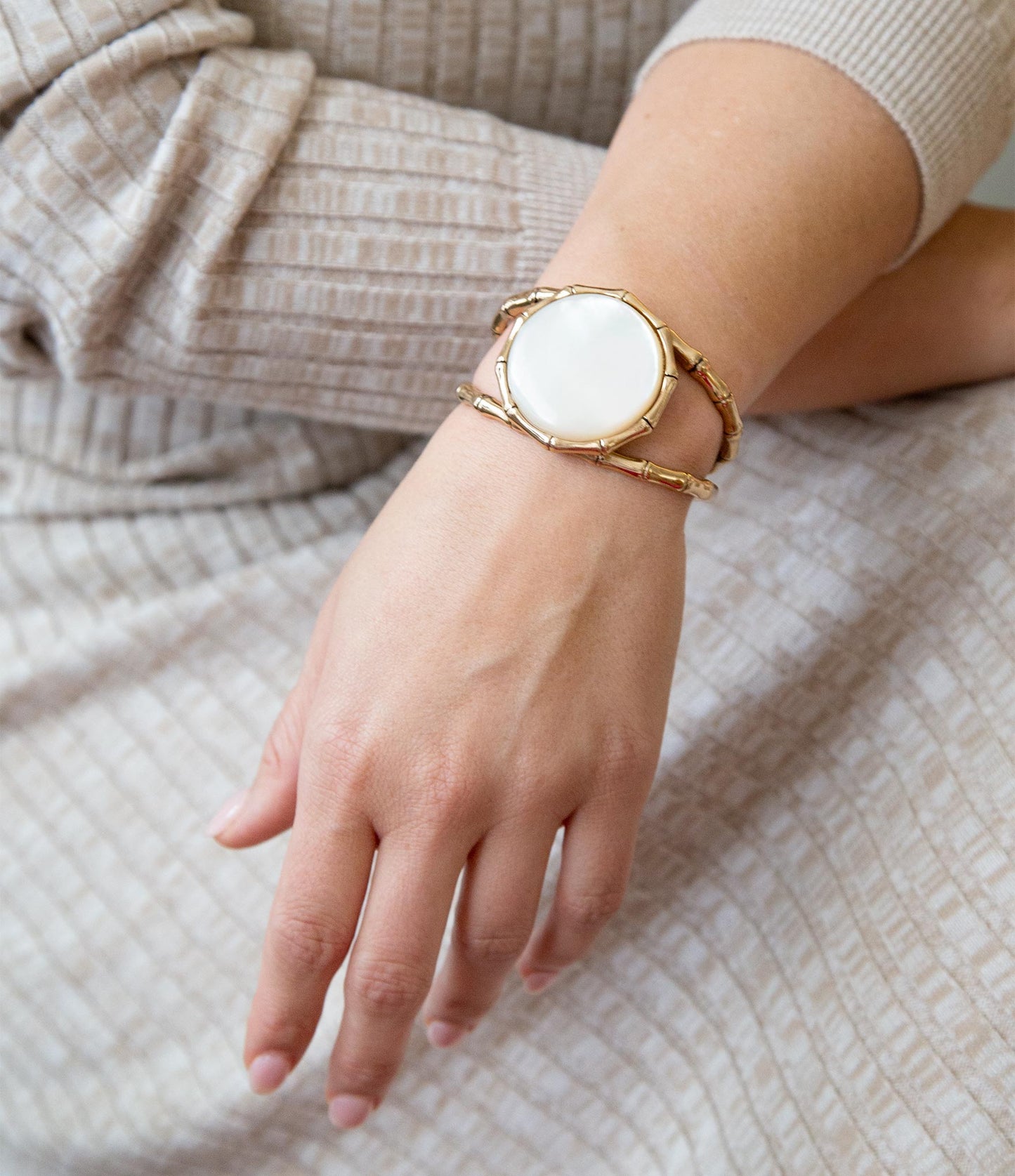 White Mother of Pearl Golden Bamboo Cuff Bracelet