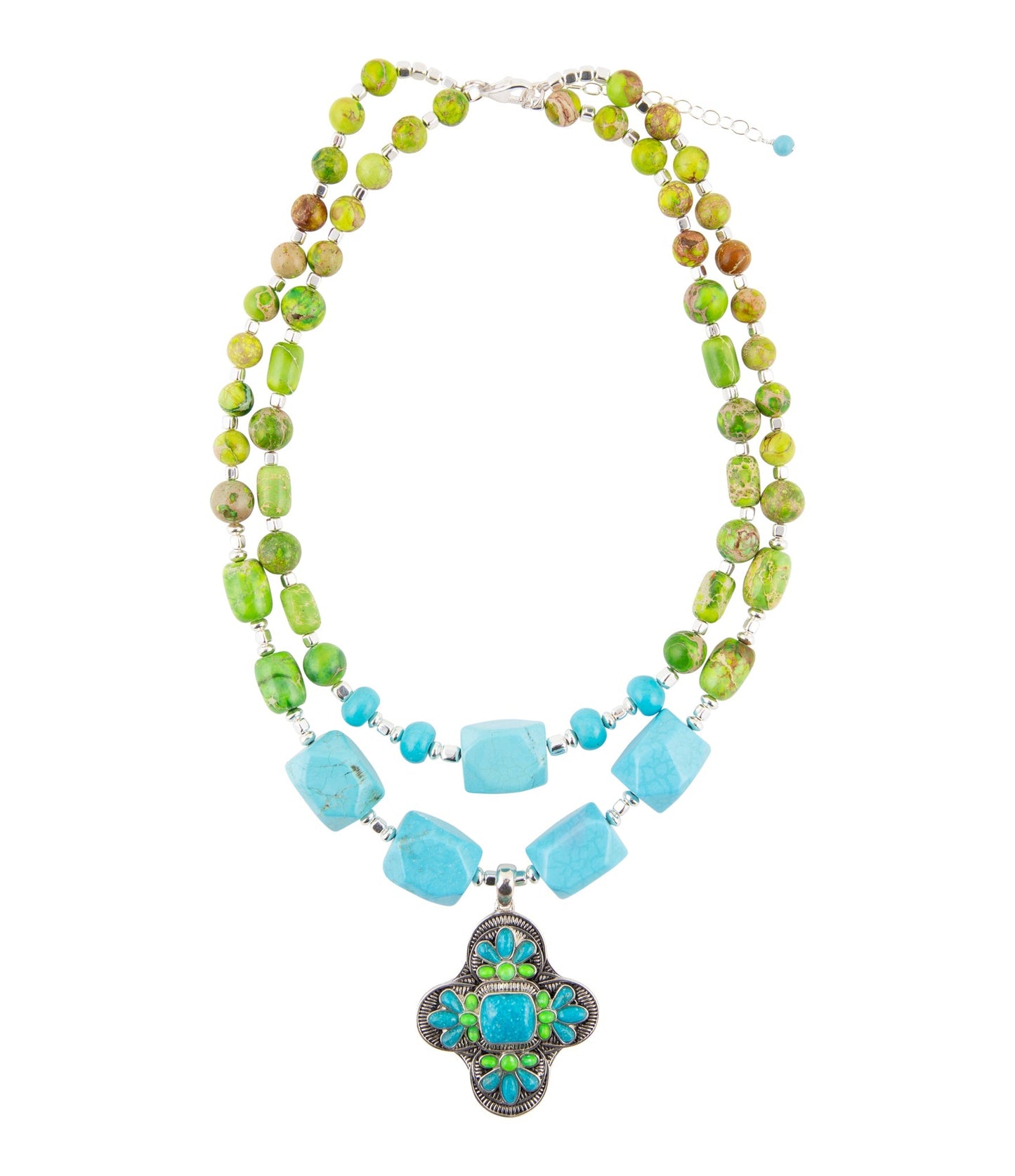 Zion Lime Green and Blue Turquoise and Sterling Silver Statement Necklace